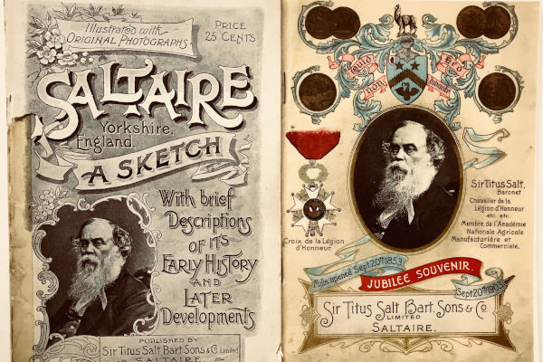 Cover of brochure celebrating Salts Mill Golden Jubilee , featuring Titus Salt and his Legion D'Honneur medal