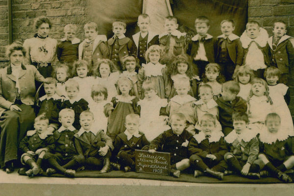 Teachers and children at Saltaire Albert Road Infants School 1902