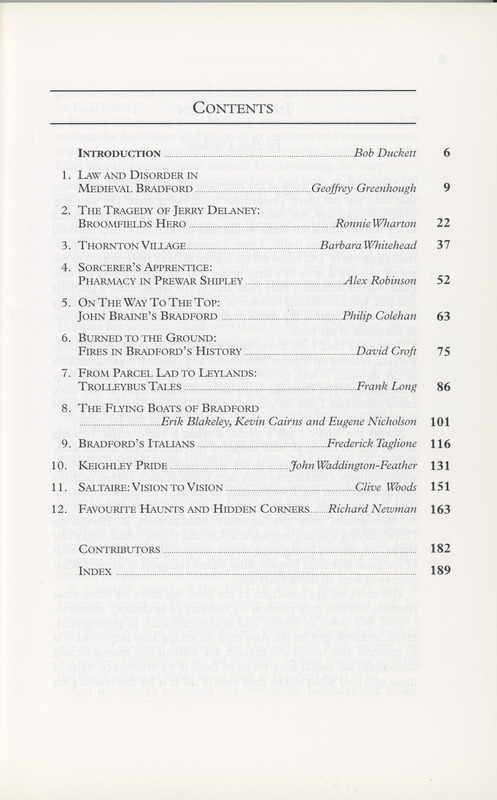 2025.65: Aspects of Bradford, discovering local history: Contents page. Digital image credit: Saltaire Collection