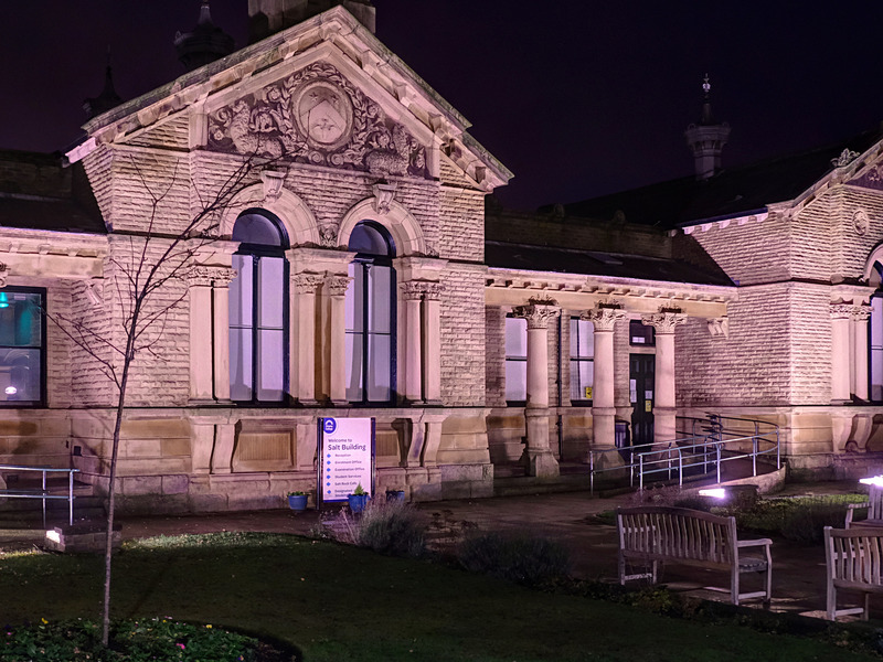 2025.68.97: Salt Building (Shipley College) at night. Digital image credit: Saltaire Collection