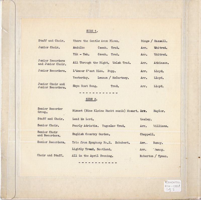 E1a-011.1: Music from Albert Road J M School 1969: Back of sleeve. Digital image credit: Saltaire Collection