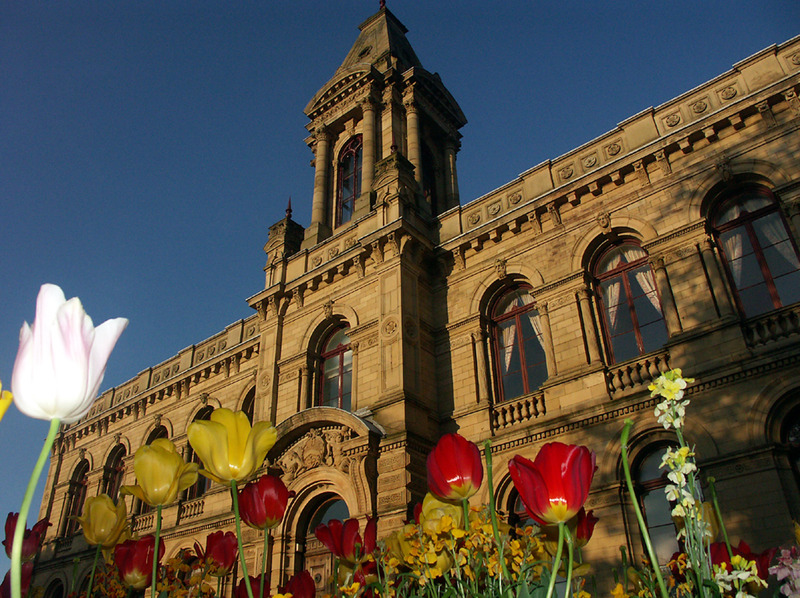 2025.68.56: Victoria Hall and tulips. Digital image credit: Saltaire Collection